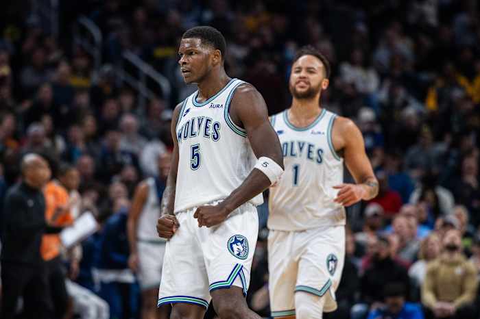 Mar 7, 2024; Indianapolis, Indiana, USA; Minnesota Timberwolves guard Anthony Edwards (5) celebrates a made shot during the second half against the Indiana Pacers at Gainbridge Fieldhouse.